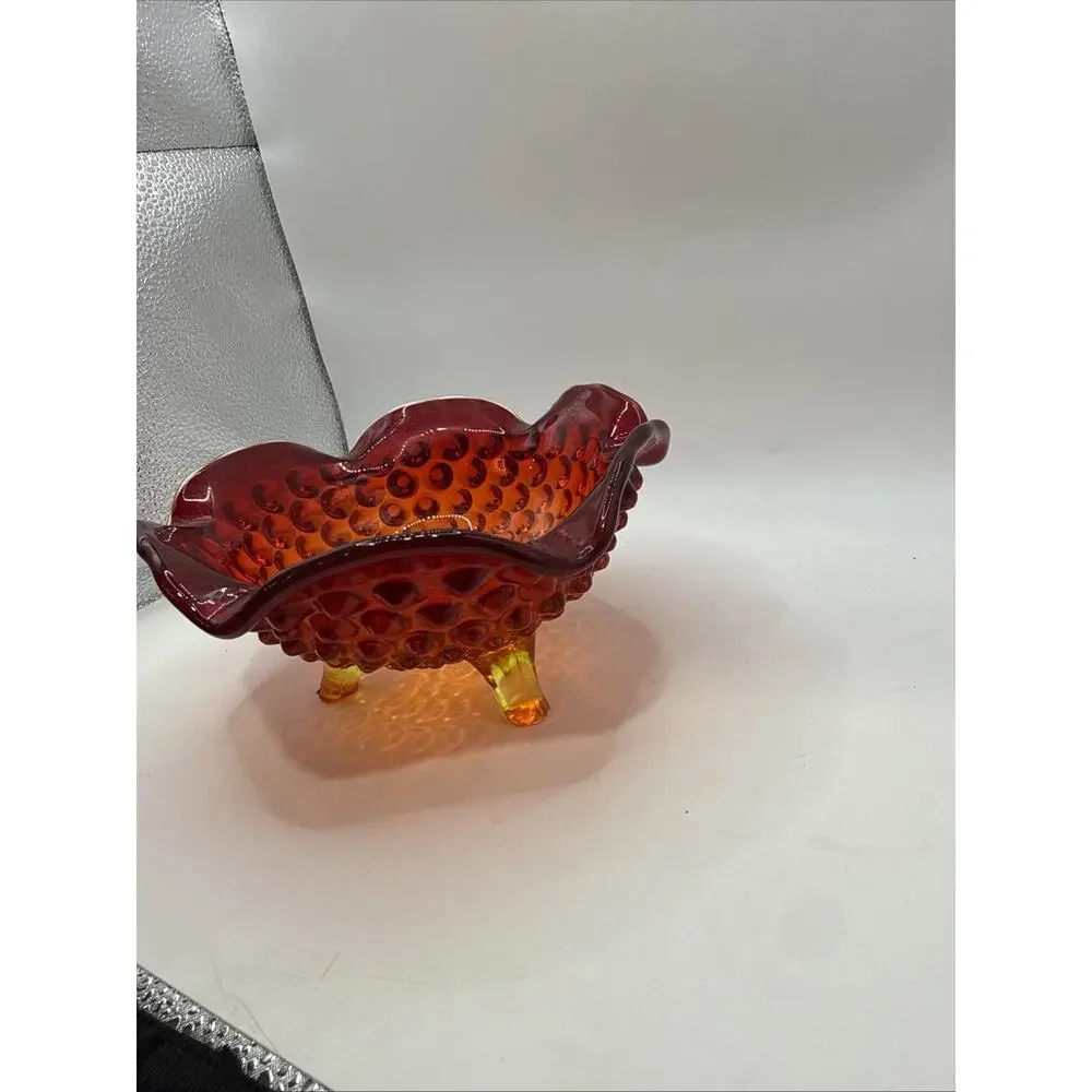 Vtg Fenton Amberina Red Orange Art Glass Hobnail Ruffled Bowl Candy Dish Glows *